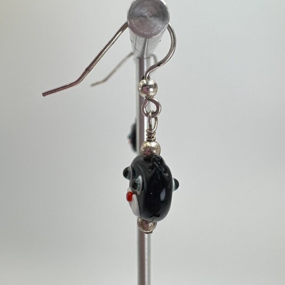 Silver Tone Black & White Enamel Kitty Cat Dangle Earrings Size 1.25" Length - Picture 6 of 9